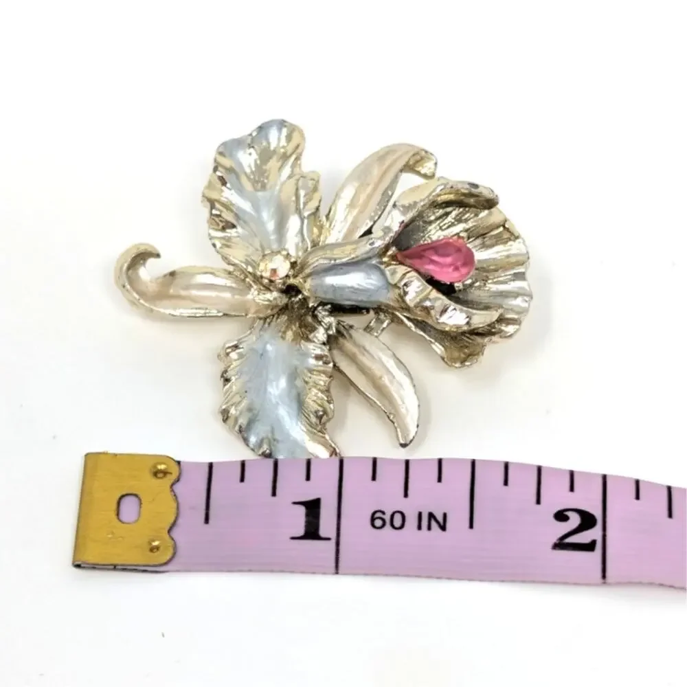 Vintage 1950s Floral Brooch Silver Tone Enamel Pink Rhinestone Flower